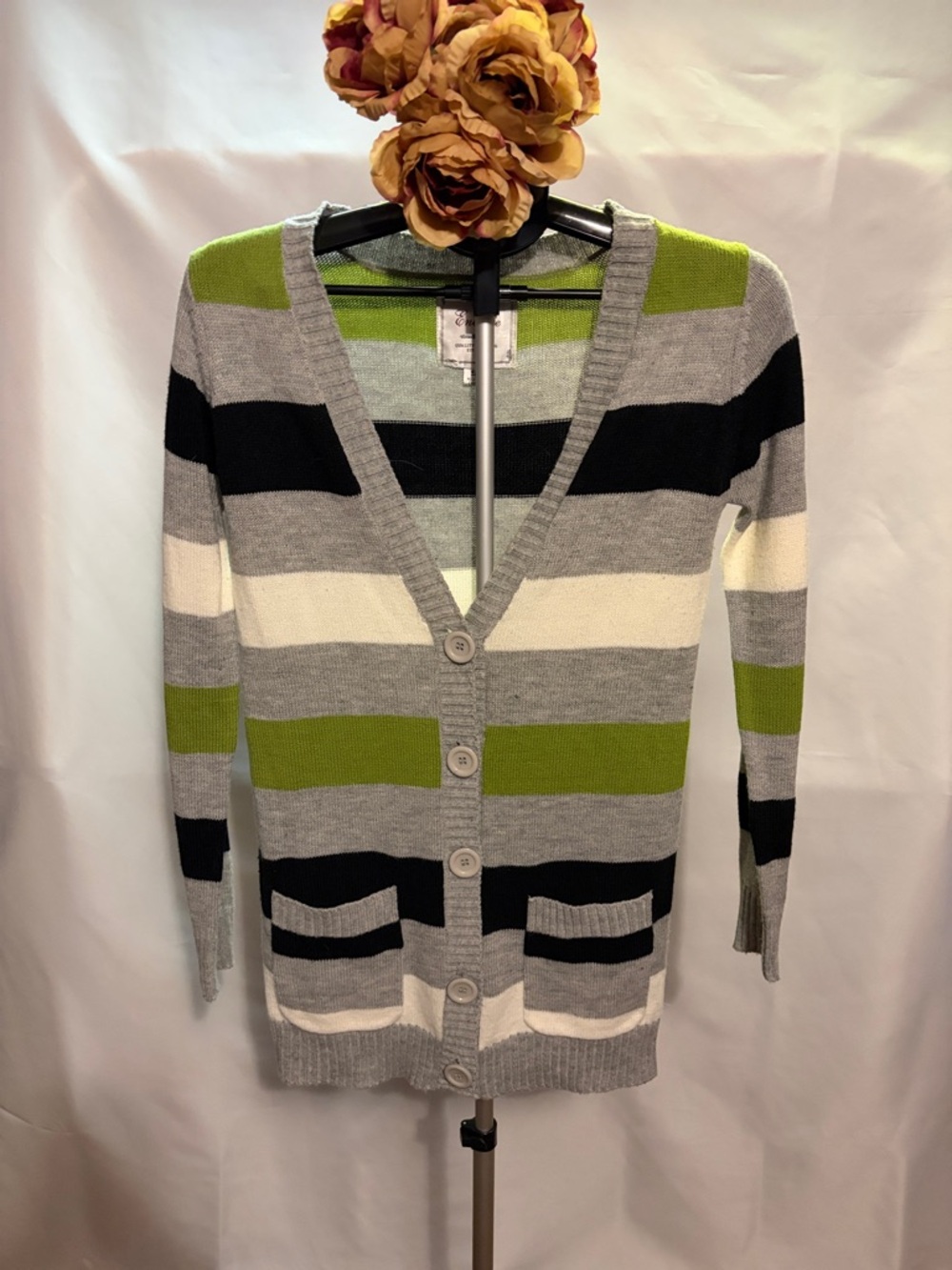 Gray, Black, White & Green Striped V-Neck Button Cardigan